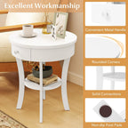 GOFLAME Round End Table with Drawer, 2-Tier Sofa Side Table with Solid Wood Legs, Open Storage Shelf, Vintage Accent Table, Display Table, Compact Nightstand for Living Room, White