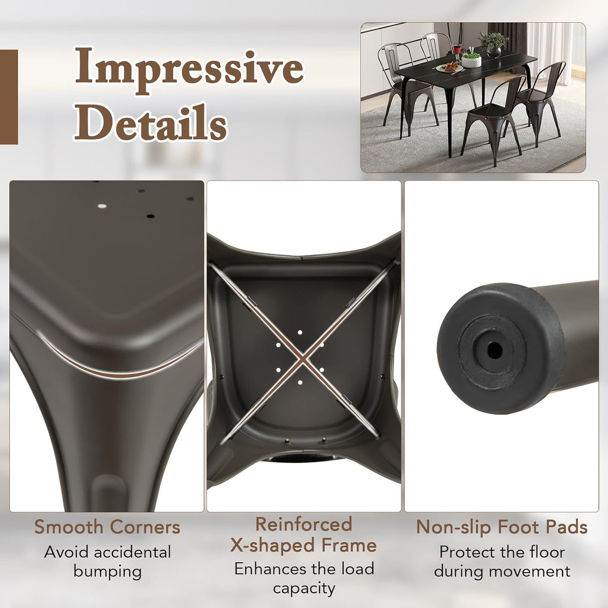 Giantex Metal Dining Chairs Set of 4, Farmhouse Kitchen Chairs with Removable Backrest, Space-Saving Stackable Bistro Cafe Side Chairs for Dining Room, Living Room, Restaurant (Bronze)