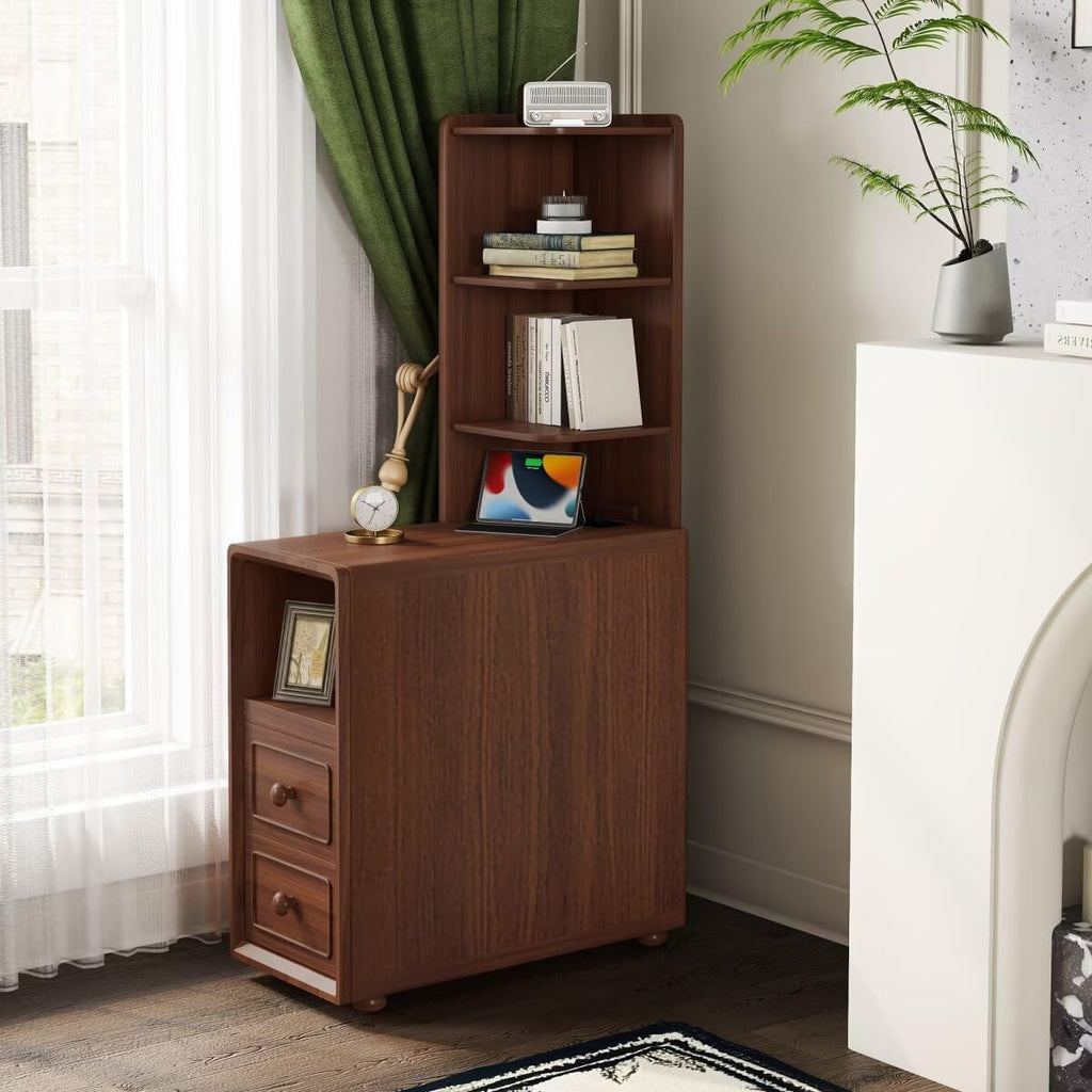 JIJIWANG Tall End Table with Drawers, 47.2" Corner Shelf Table with Open Storage, Narrow Side Table for Bedroom Living Room Small Space, Walnut
