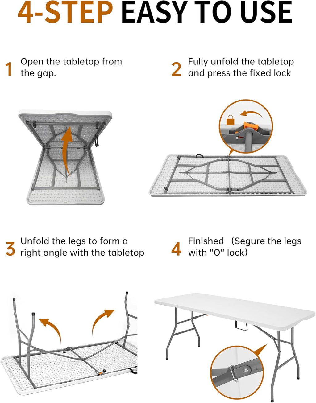 6Ft Folding Table, Heavy Duty Fold-in-Half Portable Plastic White | HDPE portable table indoor outdoor. Camp table, picnic table, party use. Lightweight holds 350 lbs. Easy fold side table