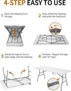 6Ft Folding Table, Heavy Duty Fold-in-Half Portable Plastic White | HDPE portable table indoor outdoor. Camp table, picnic table, party use. Lightweight holds 350 lbs. Easy fold side table