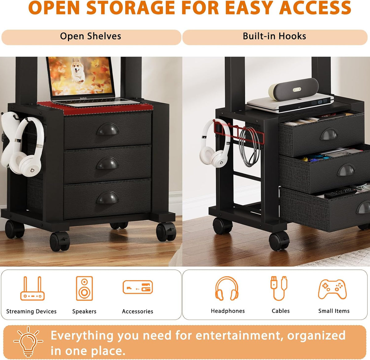 Rolling TV Stand with 3 Drawers for 23-60 Inch TVs with Storage | Hidden Storage, Height Adjustable Tilt Mount, Lockable Wheels, Dual Steel Frame, VESA Compatible for Bedroom & Living Room