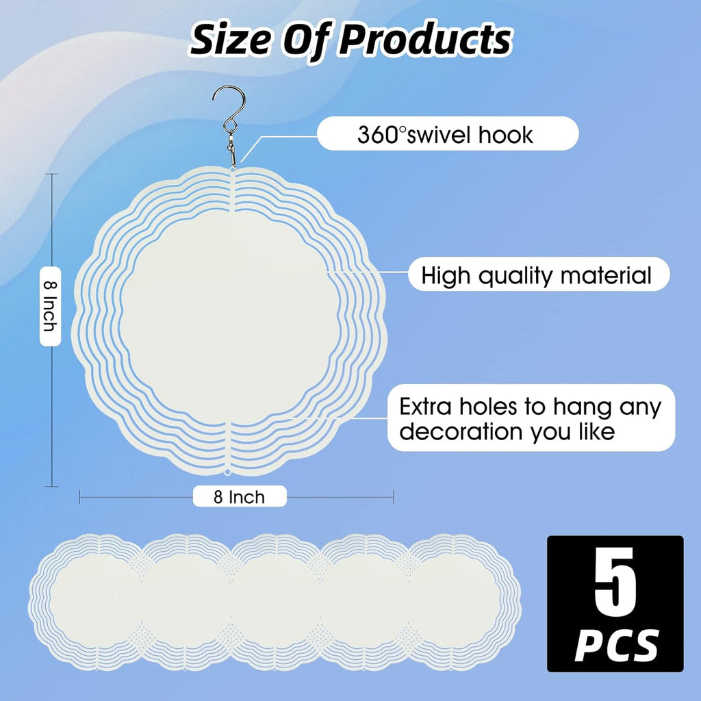 5 Pack Sublimation Wind Spinner Blanks 8 Inch Wind Spinners Sublimation Blanks 3D Aluminum Metal Wind Spinners for Yard and Garden Indoor Outdoor Window Porch Front Door Decoration Round