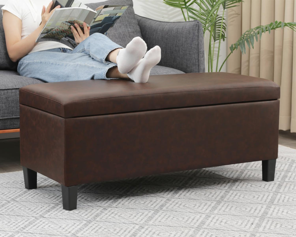 Adeco 42" Storage Leather Bench for Living Room – Black & Red Two-Tone End of Bed Storage Bench, Multi-Functional Top-Lift Coffee Table Ottoman with Storage for Bedroom or Entryway