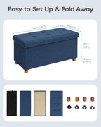 PINPLUS Storage Ottoman Cube, White Linen Footrest with Wooden Legs, Foldable Fabric Footrest, Comfortable Seat with Lid, Ottoman with Storage for Living Room, 30" x 15" x 15"，Blue
