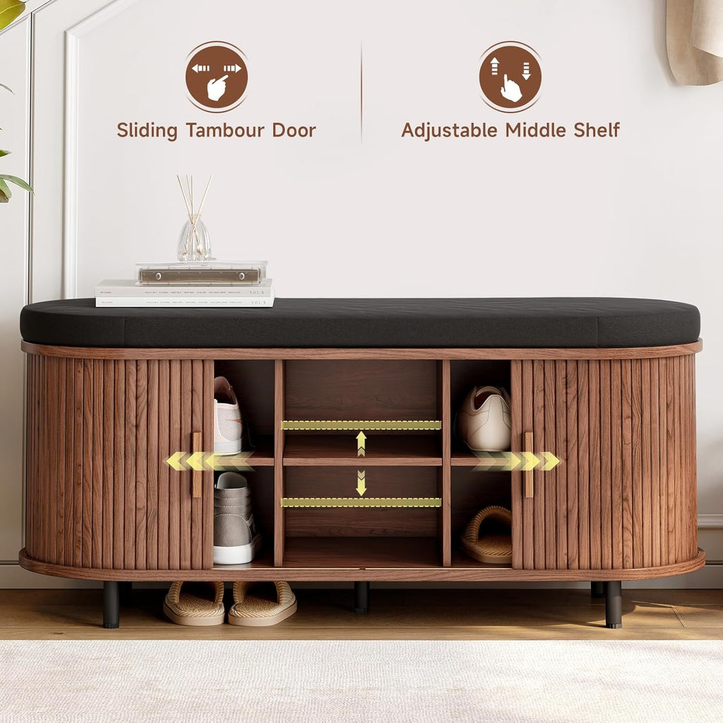 ONBRILL 43" Shoe Bench with Storage, Fluted Shoe Storage Bench with Cushion, Sliding Door and Adjustable Shelf, for Entryway, Hallway, Living Room, Walnut