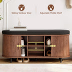ONBRILL 43" Shoe Bench with Storage, Fluted Shoe Storage Bench with Cushion, Sliding Door and Adjustable Shelf, for Entryway, Hallway, Living Room, Walnut