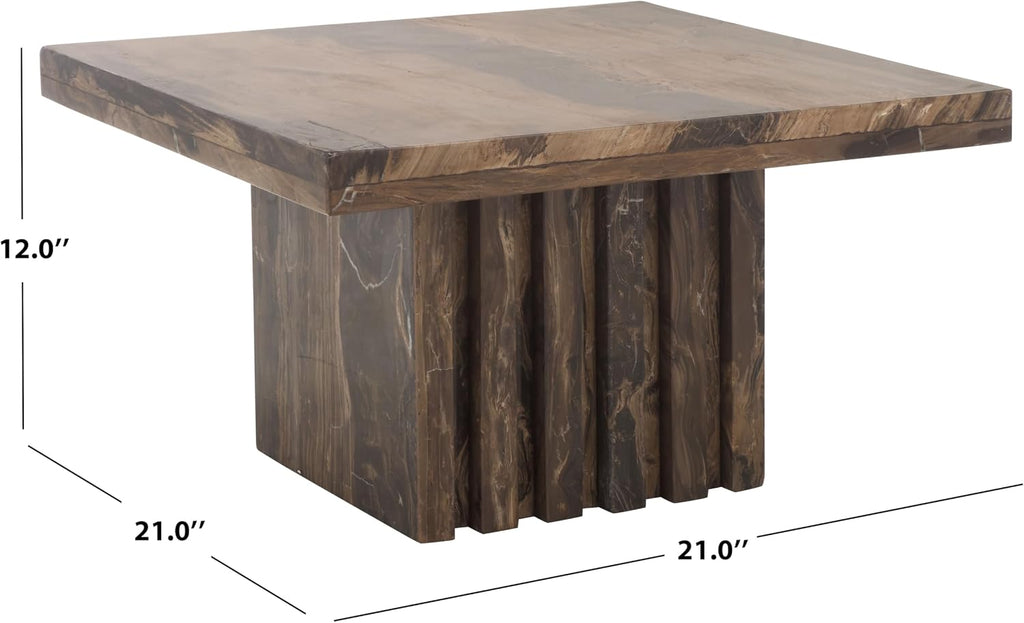 SAFAVIEH Couture Collection - Olivia Brown Marble Accent Table, Square Pedestal Design, Fluted Base Statement Piece (SFV9702B)