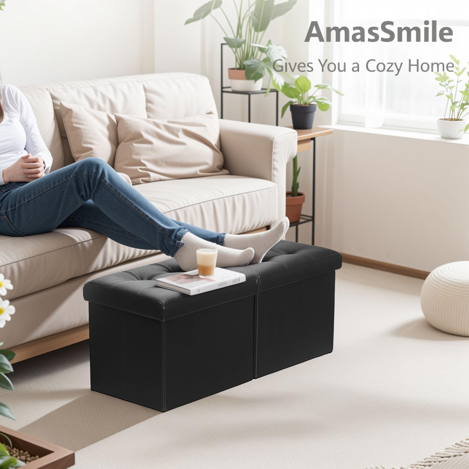 AmasSmile Footrest Ottoman Storage Bench,34" Leather Folding Chest,Black | Large Ottoman with Storage,Thicker Foam Padded Seat,Livingroom,Dorm,Bedroom,Entryway,Easy to install,34 x 13 x 13in