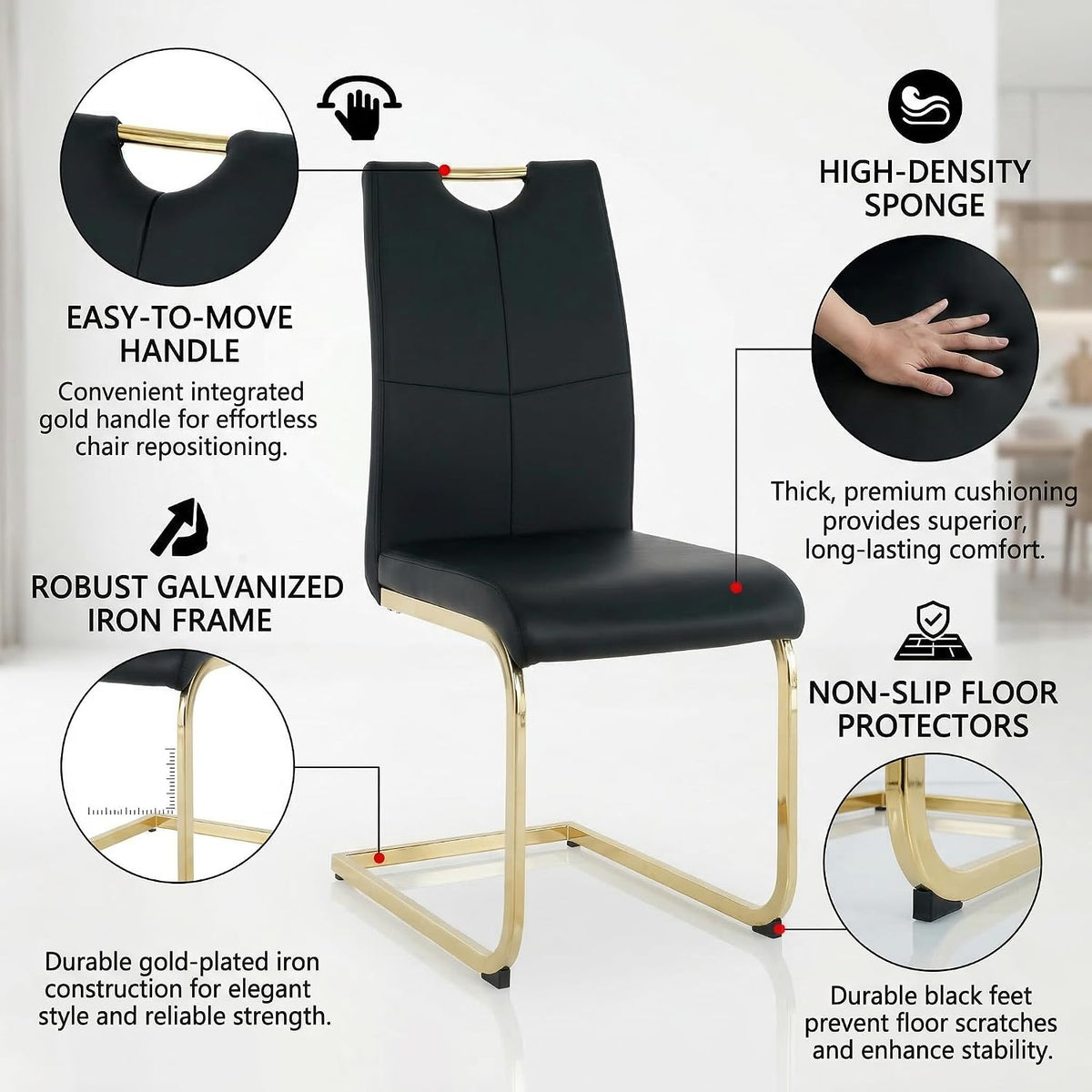 FT Global Modern PU Leather Dining Chair Set of 6, Upholstered Black Chairs with Gold Metal Legs, Kitchen and Dining Room Furniture