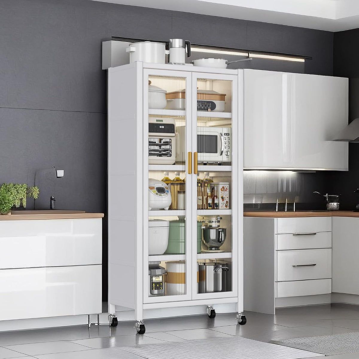 White Metal 5-Tier Kitchen Pantry Cabinet with Acrylic Glass Doors & Wheels, Tall Storage Cabinet for Kitchen, Dining Room, Living Room, Office, Study