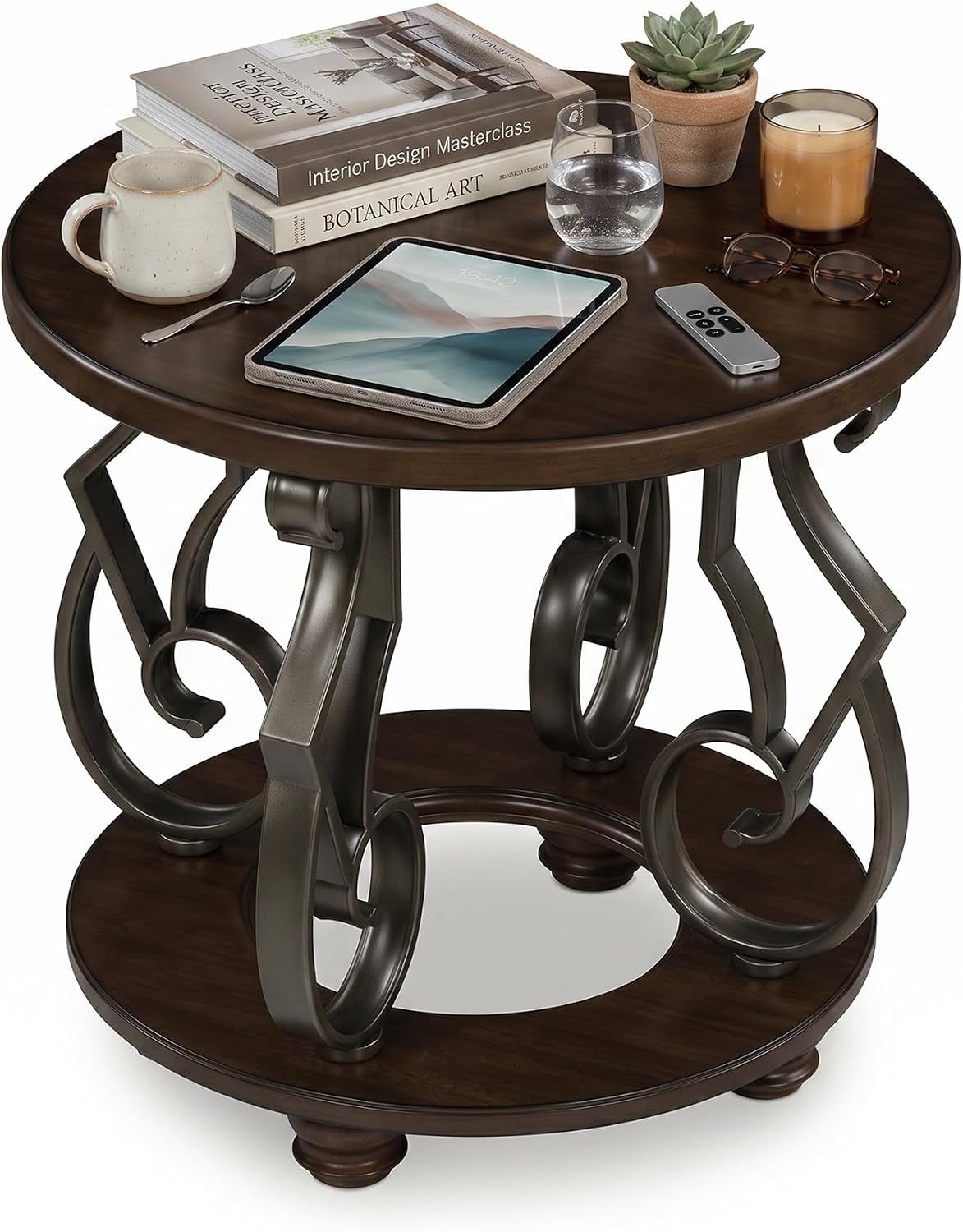Signature Design by Ashley Frallyn Classic End Table with Curved Metal Supports, Dark Brown & Gray