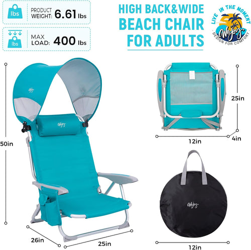 #WEJOY Beach Chair with Canopy Shade, Reclining Adjustable 4 Position, Lay Flat Lightweight Folding Portable Aluminum Chair with Backpack Straps,Padded headrest, Heavy Duty 400lbs Lawn Chair for Beach