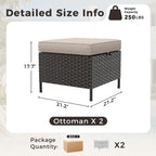 2 Pieces Patio All-Weather Wicker Ottomans with Cushions, PE Rattan Outdoor Conversation Furniture Set for Backyard, Deck, Lawn (Beige)