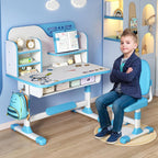 Kids Functional Desk and Chair Set, Ergonomic Height Adjustable Children School Study Desk with Storage, Book Stand, Metal Hook and Drawer for Boys Girls (Blue)
