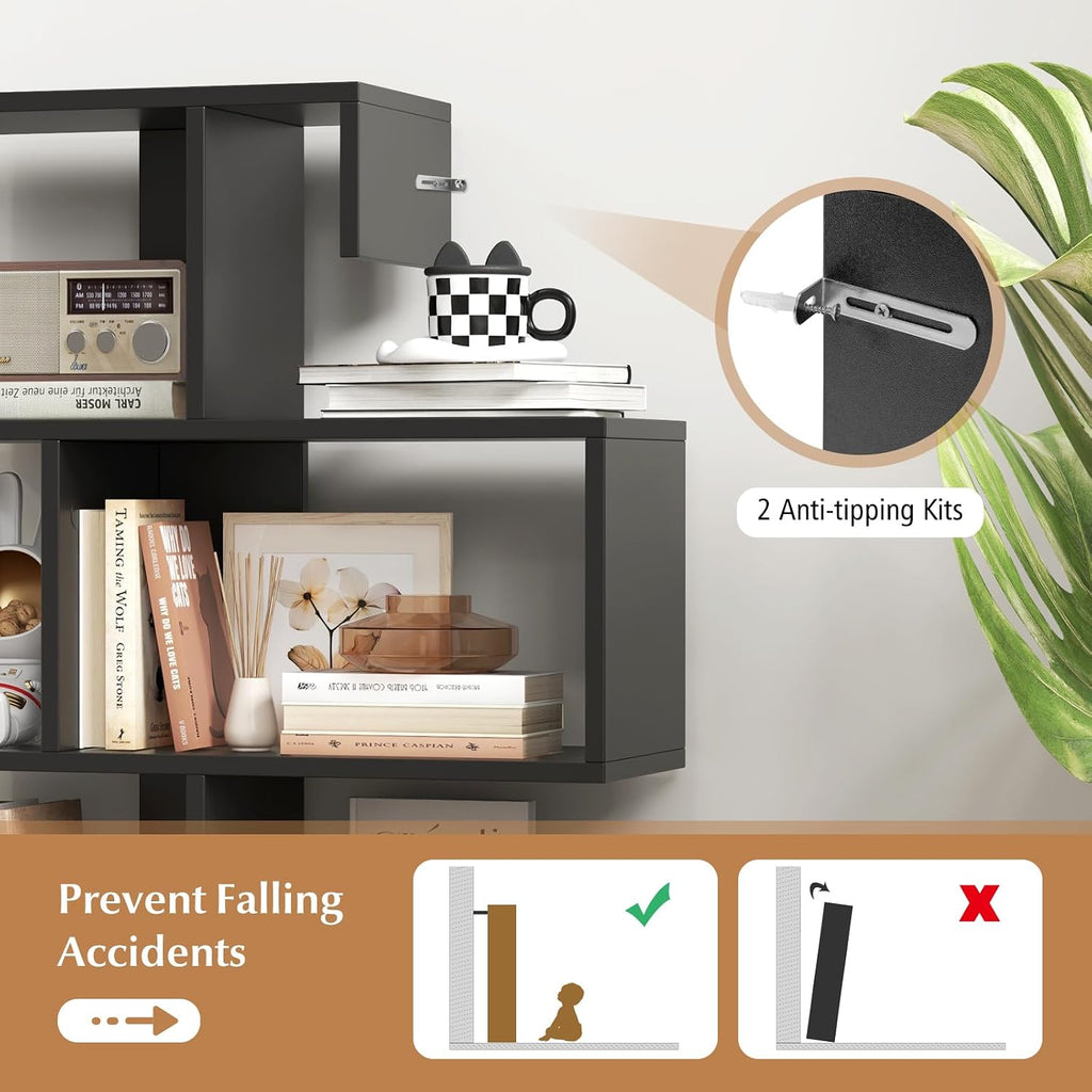 Tangkula S-Shaped Bookshelf, 5-Tier Modern Geometric Stepped Bookcase with Anti-Tipping Kits, Freestanding Corner Ladder Display Rack for Living Room Home Office (1, Black)