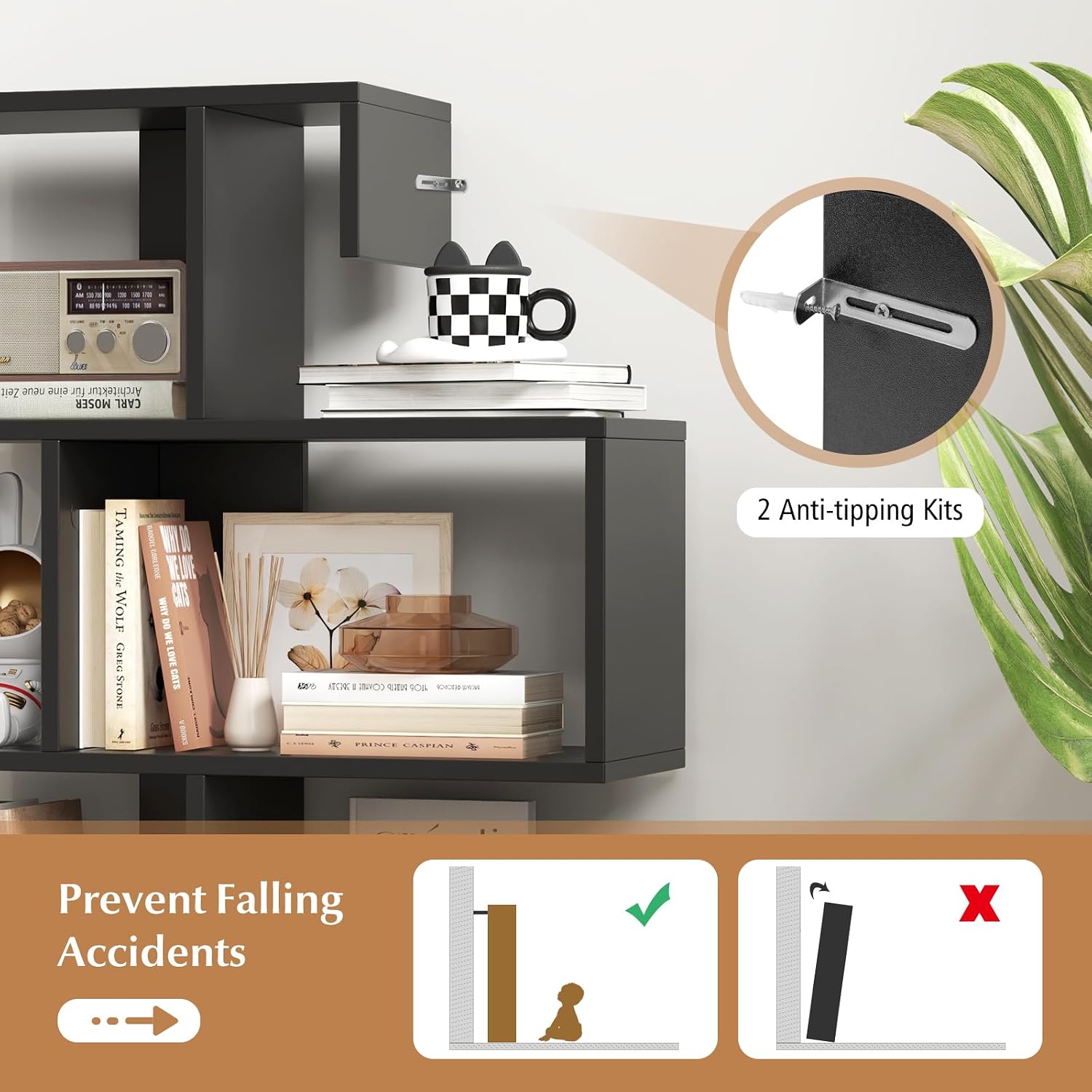 Tangkula S-Shaped Bookshelf, 5-Tier Modern Geometric Stepped Bookcase with Anti-Tipping Kits, Freestanding Corner Ladder Display Rack for Living Room Home Office (1, Black)