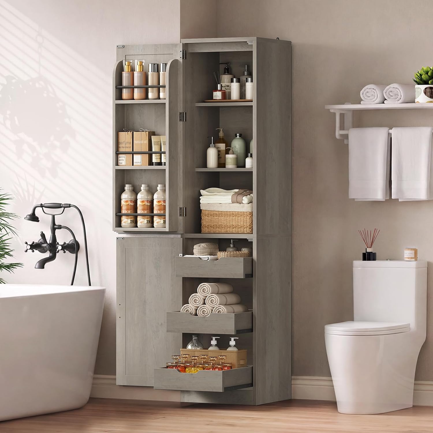 Itaar Narrow Kitchen Pantry Cabinet with 3 Door Shelves & 3 Drawer, Grey | Slim for Small Place, Adjustable Shelf, 71" Freestanding Linen Storage for Living Room, Kitchen, Bathroom