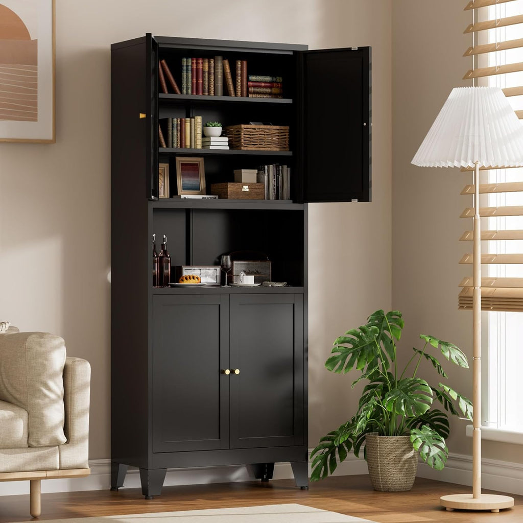 Metal Kitchen Pantry Cabinet, 69" Tall Black Storage Cabinet with 4 Doors and 3 Adjustable Shelves, Freestanding Cupboards with Microwave Stand for Dining Room, Living Room, Bathroom