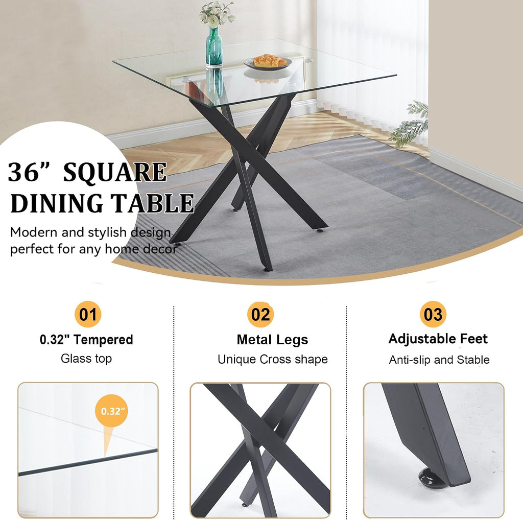 Square Dining Table for 4, 36" Modern Glass Kitchen Dining Room Table with Black Metal Cross Legs, Tempered Glass Tabletop, Perfect for Dinner Kitchen Living Dining Room