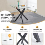 Square Dining Table for 4, 36" Modern Glass Kitchen Dining Room Table with Black Metal Cross Legs, Tempered Glass Tabletop, Perfect for Dinner Kitchen Living Dining Room
