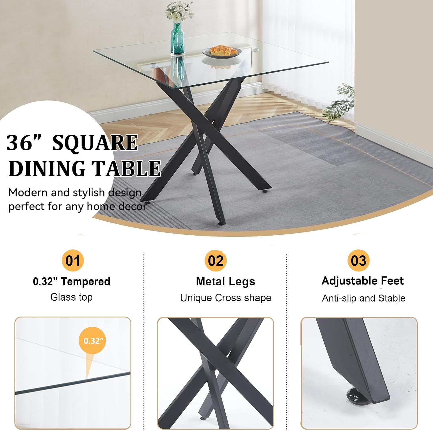 Square Dining Table for 4, 36" Modern Glass Kitchen Dining Room Table with Black Metal Cross Legs, Tempered Glass Tabletop, Perfect for Dinner Kitchen Living Dining Room