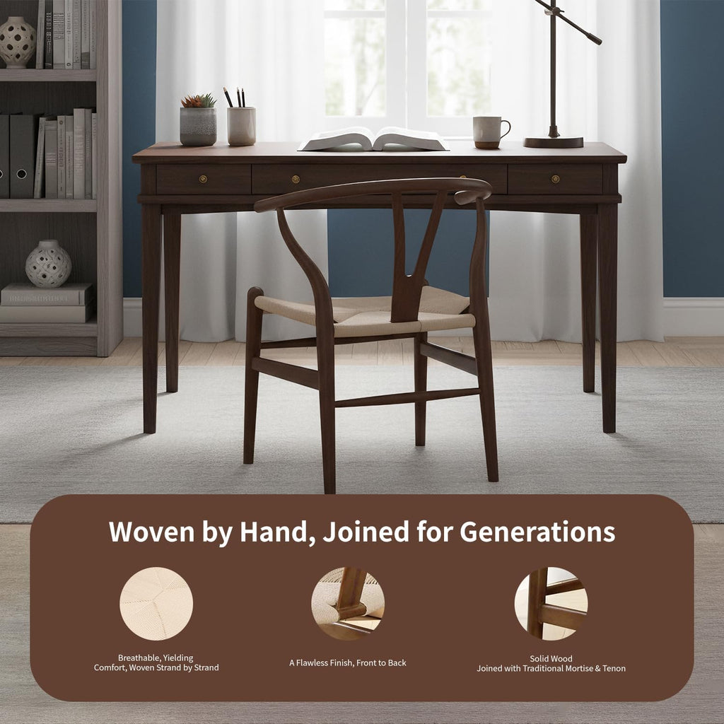 Polynices Wishbone Chair, Weave Solid Wood Mid-Century Modern Y Shaped Backrest Dining Chair (Walnut)