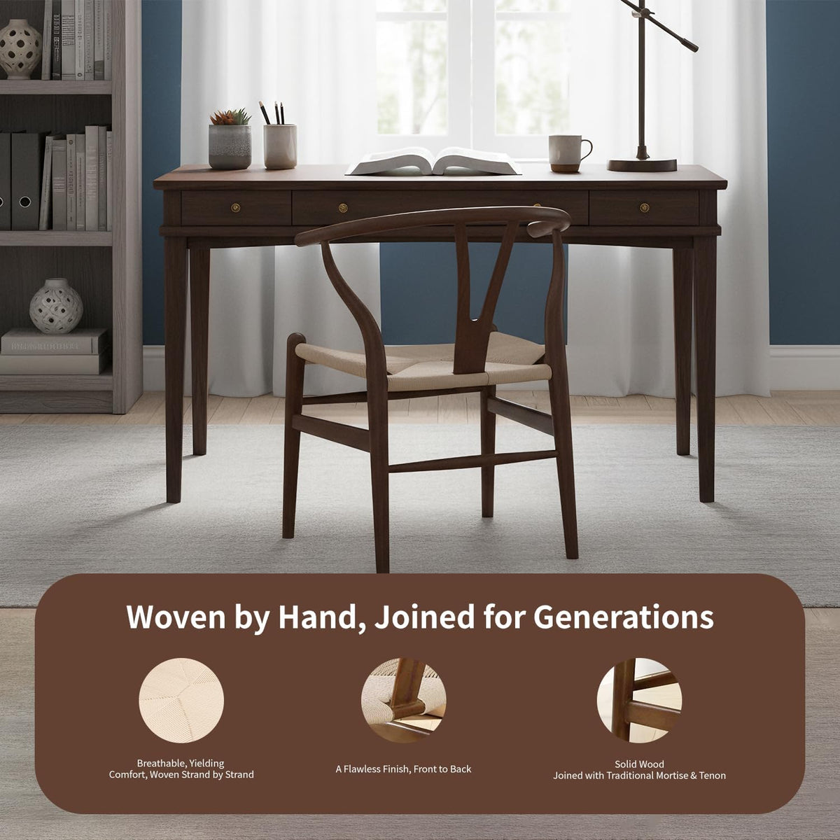 Polynices Wishbone Chair, Weave Solid Wood Mid-Century Modern Y Shaped Backrest Dining Chair (Walnut)