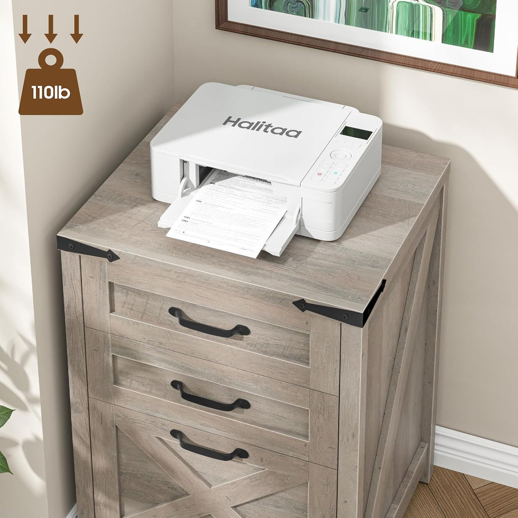 Small Farmhouse File Cabinet with 2 Drawers for Home Office, Rustic Grey | Halitaa Vertical Filing Cabinet Fits Letter and A4 Size, Farmhouse Printer Stand, Under Desk Wooden File Cabinet