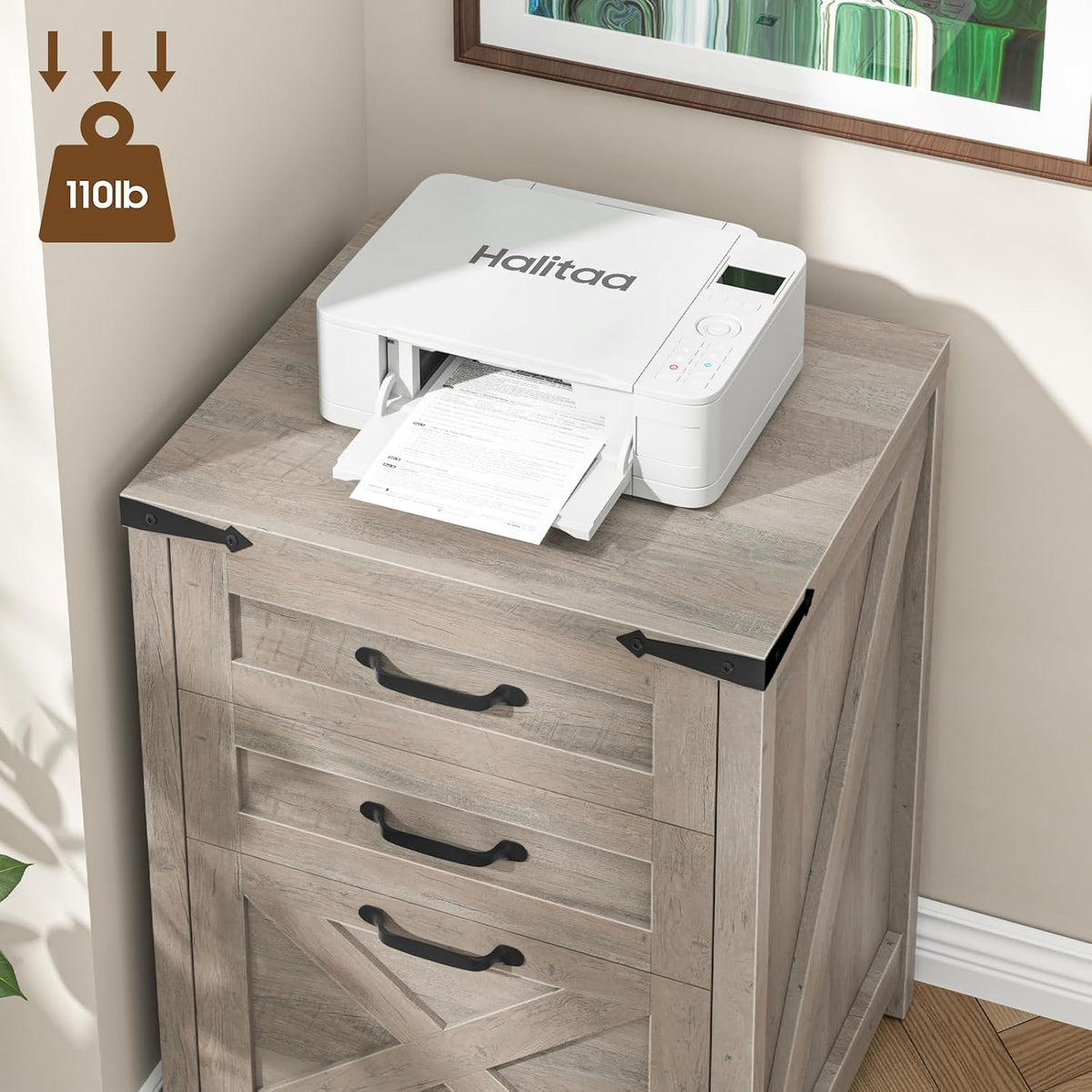 Small Farmhouse File Cabinet with 2 Drawers for Home Office, Rustic Grey | Halitaa Vertical Filing Cabinet Fits Letter and A4 Size, Farmhouse Printer Stand, Under Desk Wooden File Cabinet