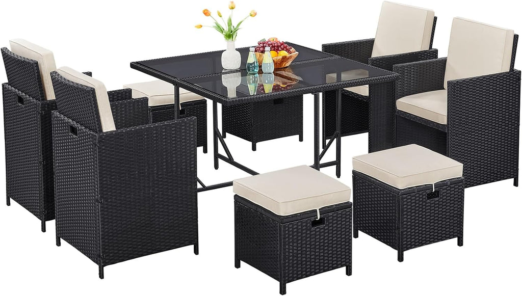 Yaheetech 9-Piece Patio Dining Sets, Outdoor Space Saving Rattan Chairs with Glass Table, Wicker Sectional Conversation Furniture Set with Removeable Cushions, Black/Beige