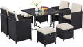 Yaheetech 9-Piece Patio Dining Sets, Outdoor Space Saving Rattan Chairs with Glass Table, Wicker Sectional Conversation Furniture Set with Removeable Cushions, Black/Beige