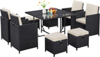 Yaheetech 9-Piece Patio Dining Sets, Outdoor Space Saving Rattan Chairs with Glass Table, Wicker Sectional Conversation Furniture Set with Removeable Cushions, Black/Beige