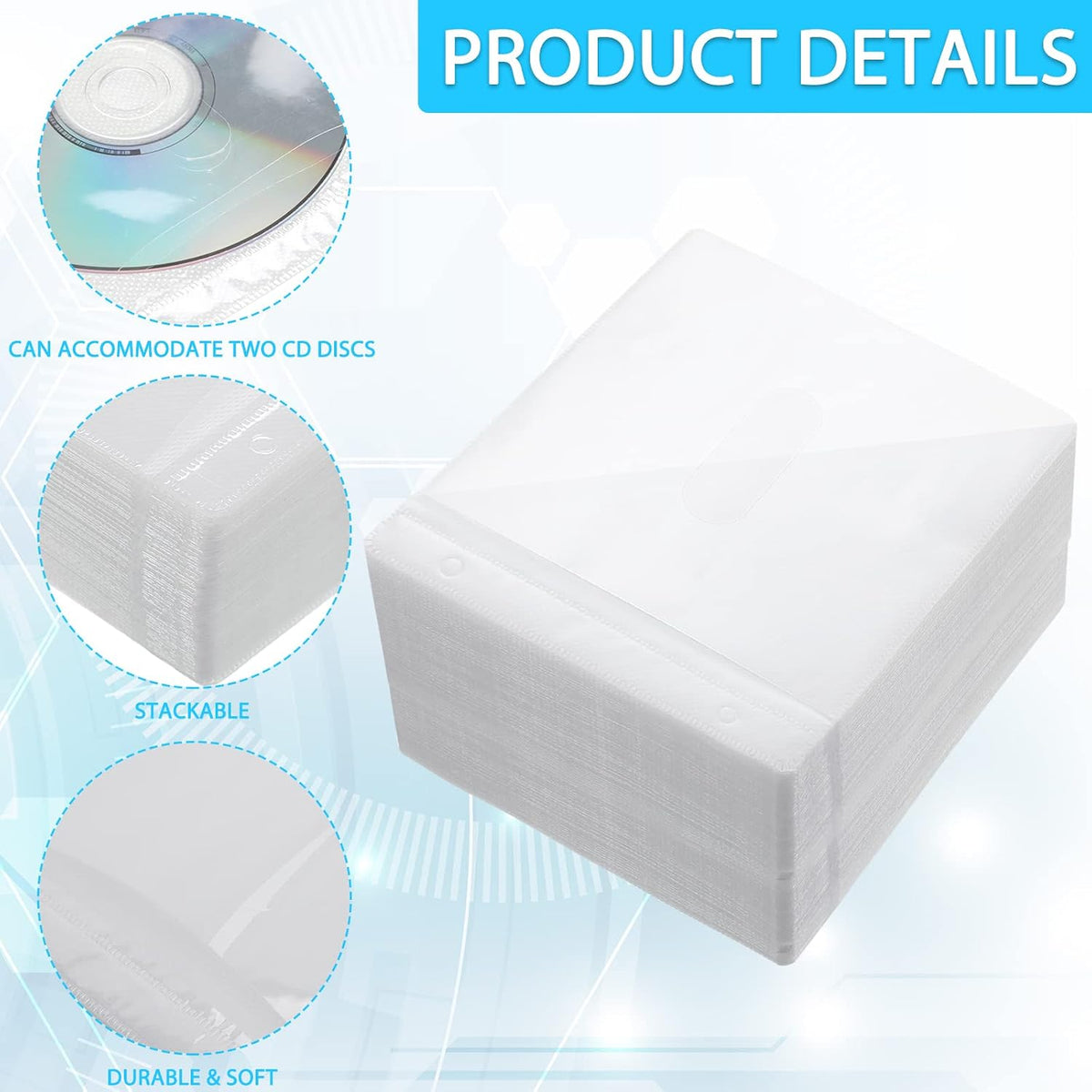 Harloon 200 Pcs CD DVD Sleeves Double Sided Plastic Clear Refill, White | PP Material and Fiber Cloth, Protective Sleeves for Blank Discs, Bulk Refill for Storage Binders