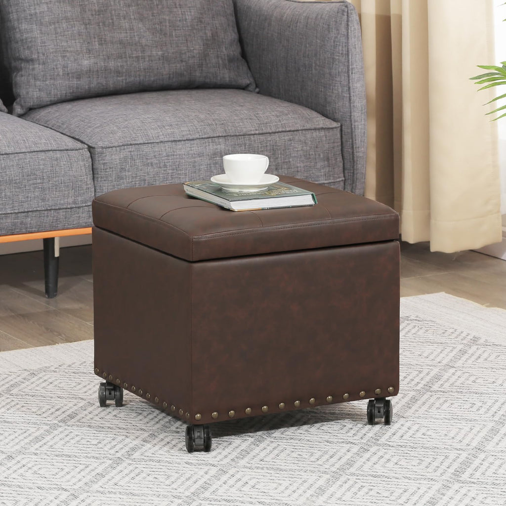 Adeco 16.7" H Brown Leather Storage Ottoman with 360 Caster Wheels, Square Foot Stool with Decorative Bronze Thumb Tacks & 330 LB Load Capacity, Modern Ottoman for Living Room, Bedroom, Entryway