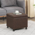 Adeco 16.7" H Brown Leather Storage Ottoman with 360 Caster Wheels, Square Foot Stool with Decorative Bronze Thumb Tacks & 330 LB Load Capacity, Modern Ottoman for Living Room, Bedroom, Entryway