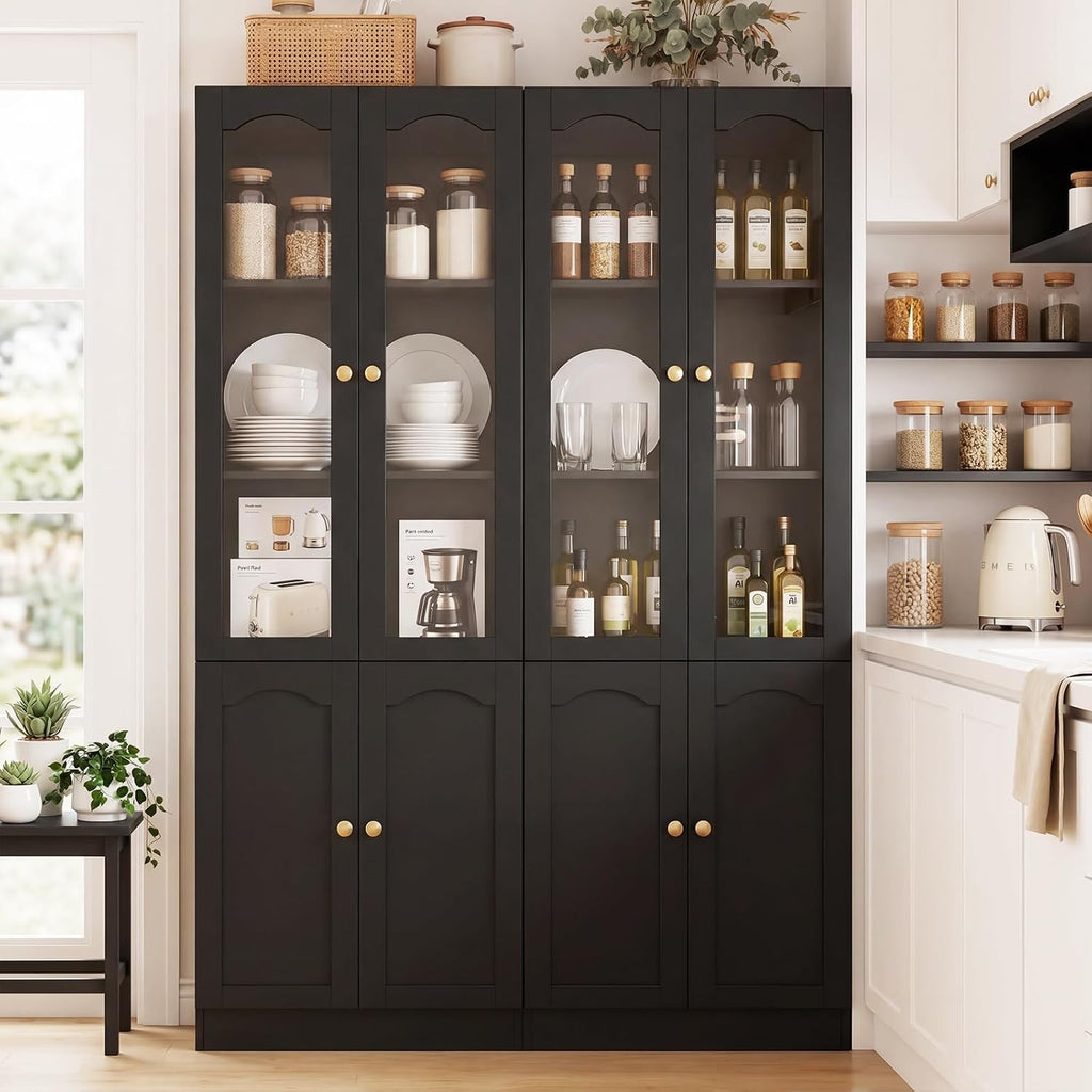 Cyclysio 80" Tall Pantry Cabinet with 8 Doors, Black Kitchen Pantry Storage Cabinet with Built-in Baseboard Notch & Adjustable Shelves – Kitchen Storage Cabinet for Dining, Living Room, Office