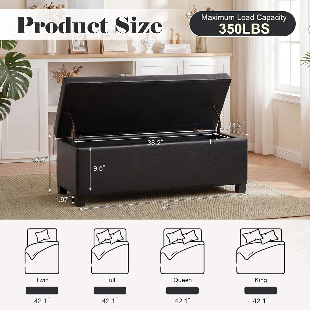 Asense Storage Ottoman Bench,42 inch Wide Upholstered Faux Leather Rectangular Ottoman with Legs,Safety Hinge Storage Bench for Living Room,Bedroom,Entryway