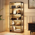 Display Cabinet with Glass Doors, 5-Tier 65" Glass Display Cabinet with LED 3-Color Lights & Human Body Sensor, Curio Cabinet with Textured Wood Shelves for Collectibles, Black Wood Frame