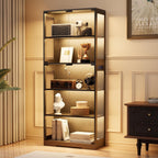 Display Cabinet with Glass Doors, 5-Tier 65" Glass Display Cabinet with LED 3-Color Lights & Human Body Sensor, Curio Cabinet with Textured Wood Shelves for Collectibles, Black Wood Frame
