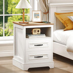 Farmhouse Nightstand with Charging Station, Wood Night Stand with Drawers, Bedside Table, Nightstands with Open Storage Shelf, Rustic Night Stands for Bedroom, Closet, 18" Wide, 24" Tall