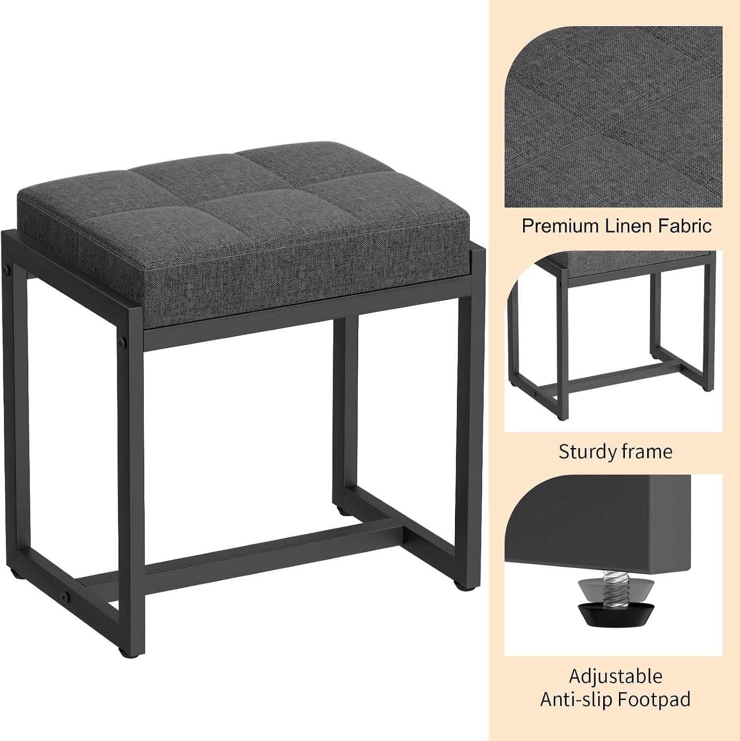 Vanity Stool, Vanity Chair Stools for Makeup Room, Square Linen Makeup Stool for Vanity, Modern Padded Vanity Bench Small Ottoman Foot Rest Stool for Bedroom Living Room, Dark Grey & Black