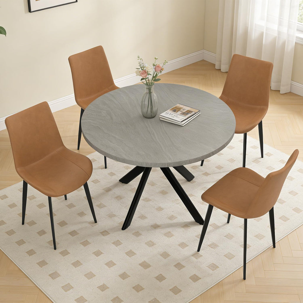 44" Round Dining Table with Chair Set for 4, Modern Mid-Century Dining Table Set of 4, Cozy Dinette Sets with Metal Leg for Kitchen Dining Room Apartment(Gray Table + Brown Chairs) | Cushioned Minimalist Brown Chairs of 4, Mid-Century Grey Tabletop
