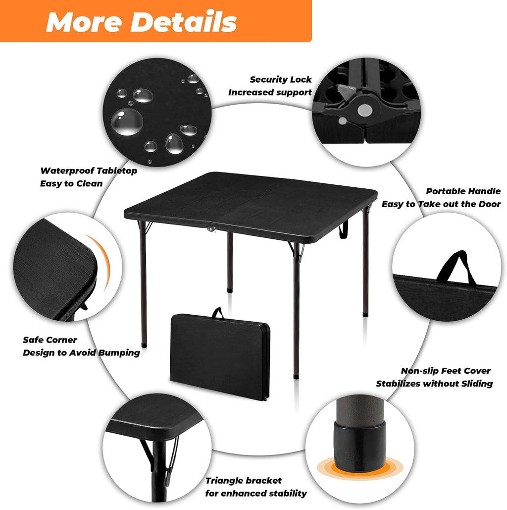 34" Folding Table, Portable Square Camping Card Table with Collapsible Legs & Carrying Handle, Plastic Tables for Outdoor Cooking,Camping,Picnic, Office, Party,Black