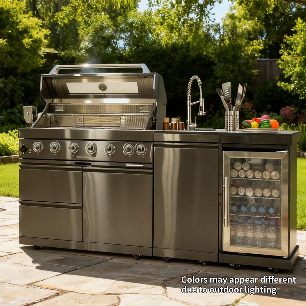 82 Inch 304 Stainless Steel Outdoor Integrated BBQ Kitchen Station (Black) | All-in-one 12-zone outdoor cooking station with 72000 BTU grill, built-in fridge & sink, rolling base for patio backyard
