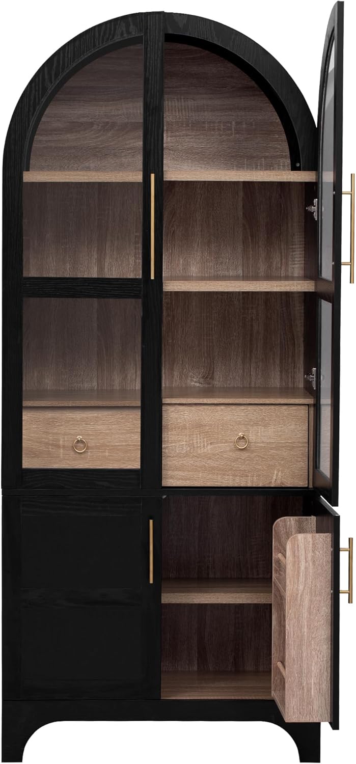 71" Tall Arched Kitchen Pantry Cabinet, Freestanding Kitchens Storage Cabinets with Hidden Drawers, Adjustable Shelves, & Glass Doors, Versatile Cupboard for Kitchen, Dining Room, Bathroom,Black