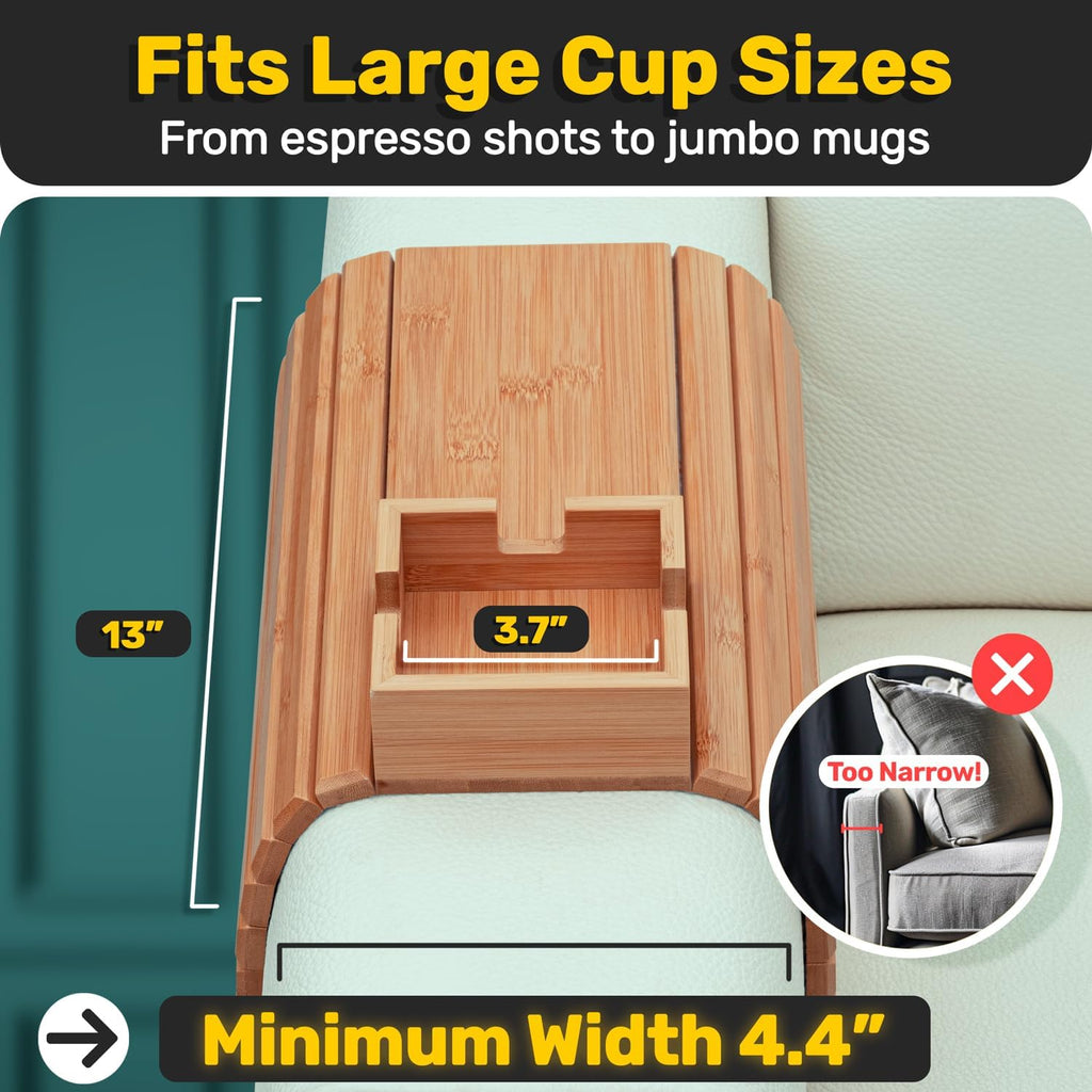 FUN FOREST Bamboo Cup Couch Holder - Non-Slip Furniture Protector, Sofa Armrest Table for Mugs & Tumblers – Weighted 16” Large Natural Bamboo Holder for Recliners and Loveseats
