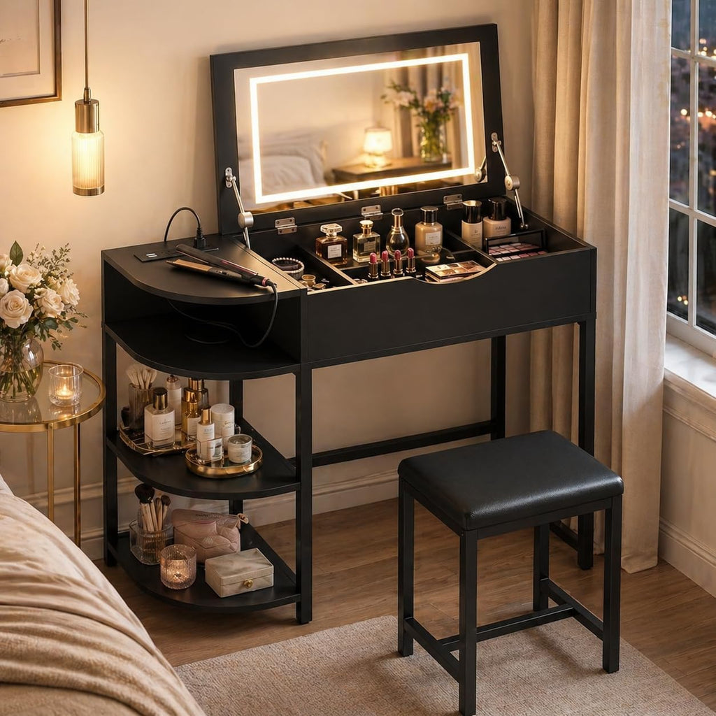 Cyclysio Vanity Desk with Flip Top Mirror and Lights, Black | Makeup Vanity Desk with Drawers, Dressing Table with Storage Shelves & Charging Station, Small Vanity for Small Spaces