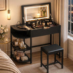 Cyclysio Vanity Desk with Flip Top Mirror and Lights, Black | Makeup Vanity Desk with Drawers, Dressing Table with Storage Shelves & Charging Station, Small Vanity for Small Spaces