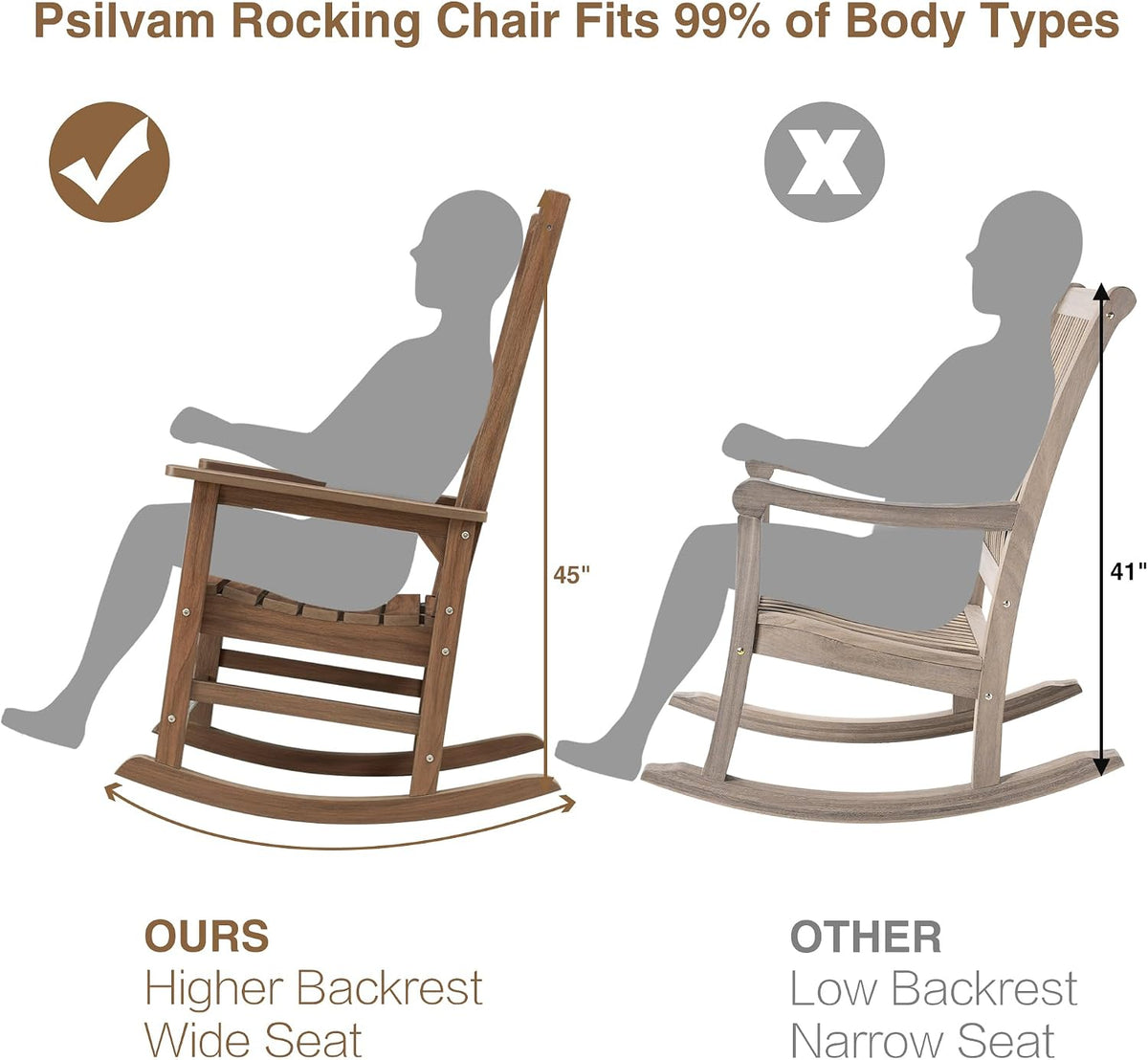 Psilvam Oversized Outdoor Rocking Chair, HDPE Porch Rocker (Dark Brown) | High Back Rocking Chairs for Adult, 350lbs Weight Capacity, All-Weather Patio Rocker for Garden Balcony